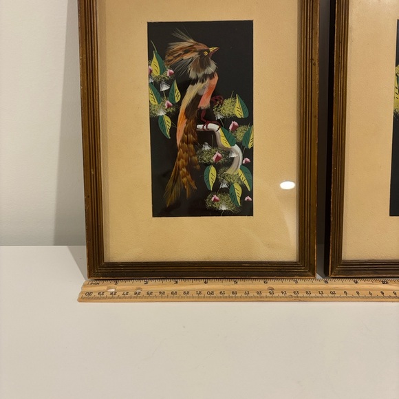 Vintage Mexican bird feather art paintings wood frames SET OF TWO 10.75" X 7.5" - Picture 13 of 13